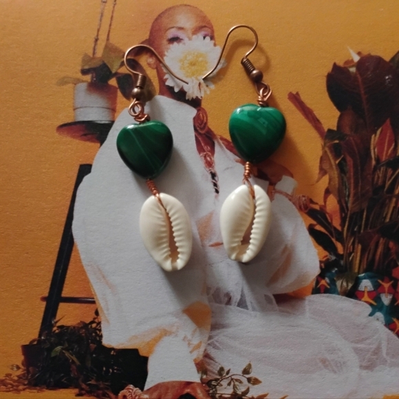 Malachite & Cowrie Shell Earrings by House of Negesti - Picture 3 of 5